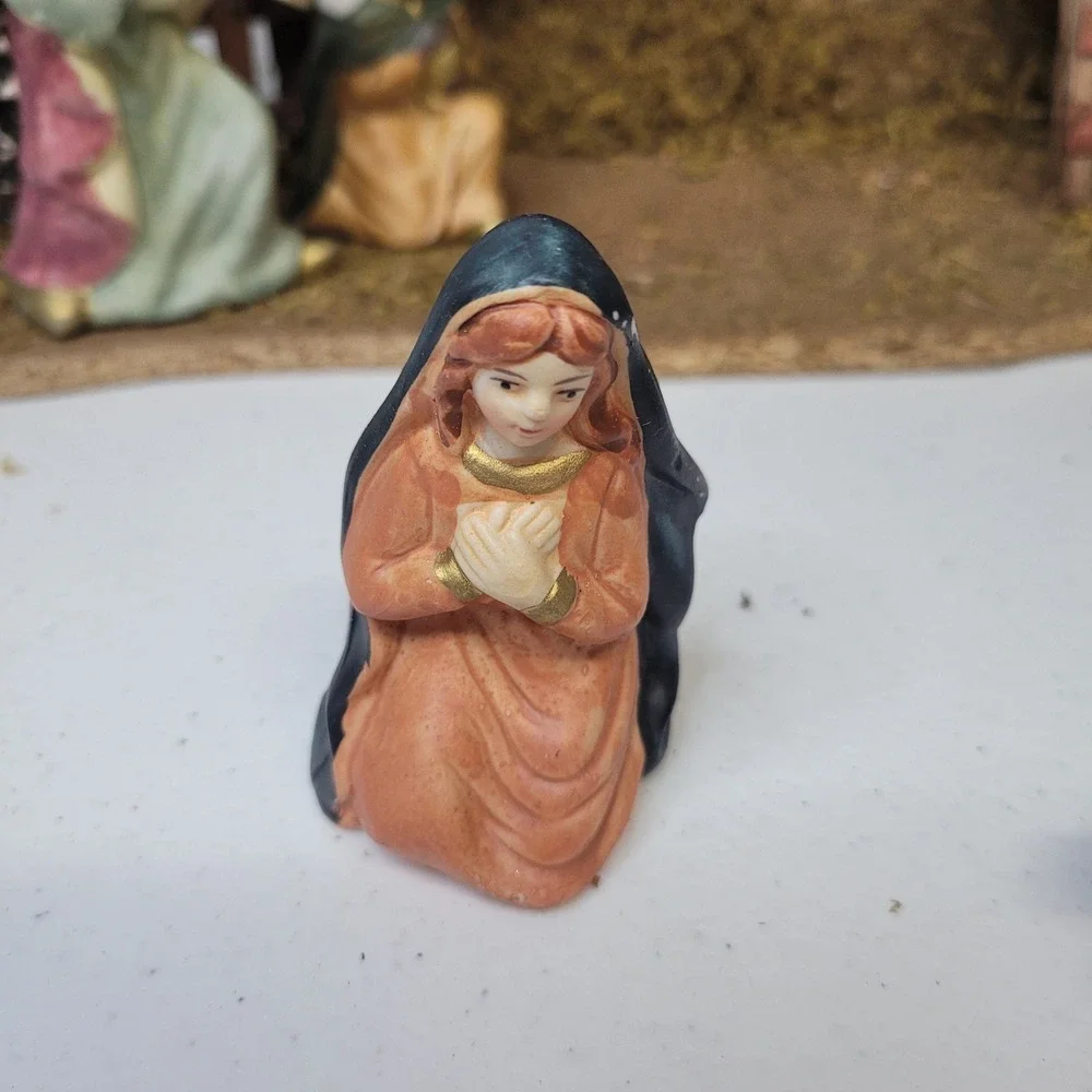 Ceramic Nativity‎ Wooden Moss Manger Religious Scene Handmade Vintage Mixed Race